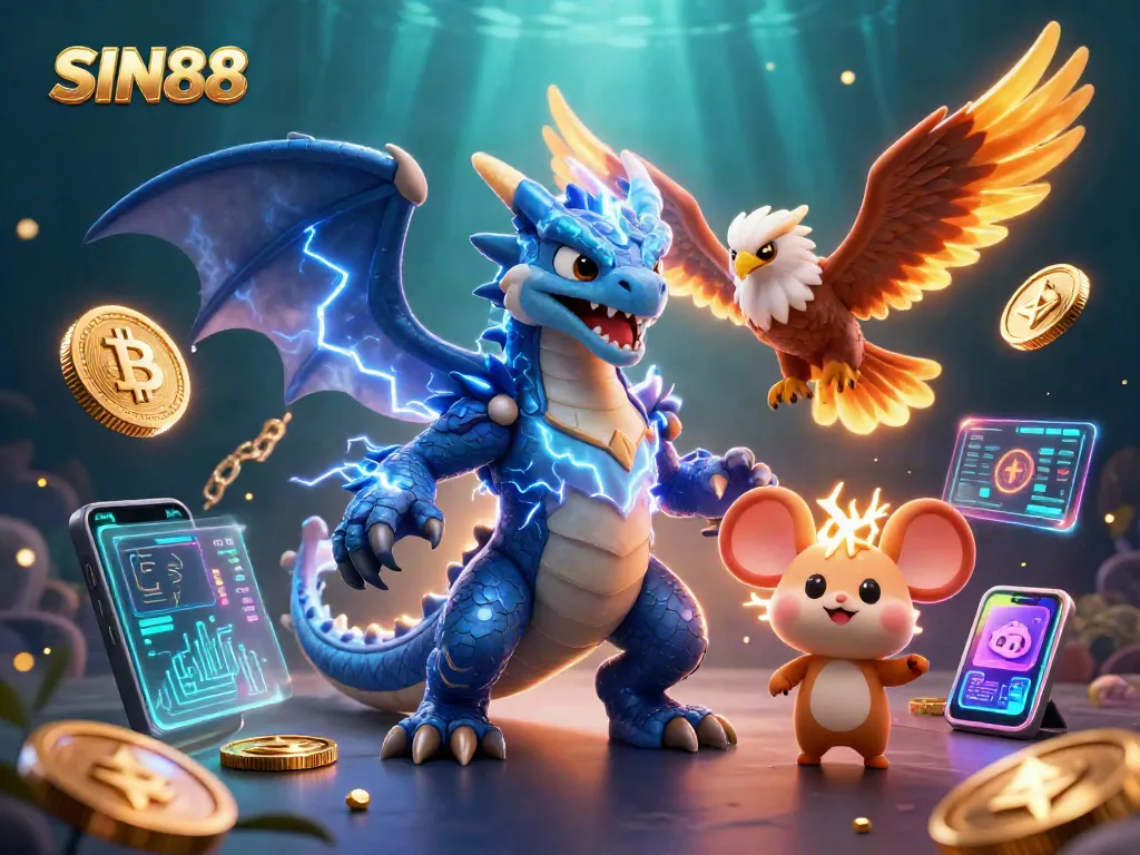 SIN88 unleashes excitement with powerful characters in a dynamic casino scene filled with cryptocurrency elements and game highlights.