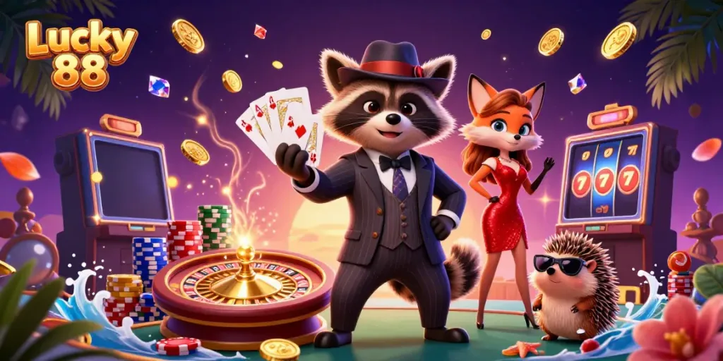 Play and win at Lucky 88 with a vibrant scene of characters celebrating a royal flush.