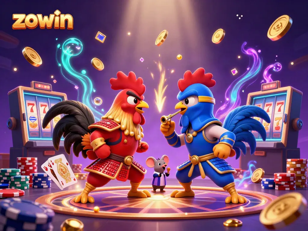Engage with Zowin in a lively cartoon scene featuring samurai and ninja roosters amidst dynamic casino elements.