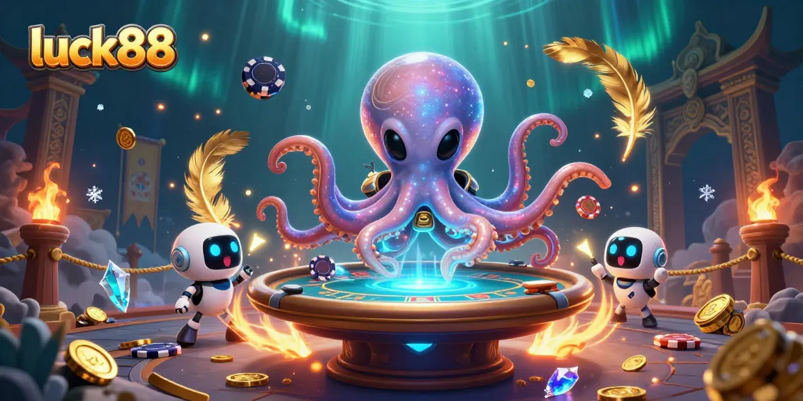 Experience excitement at luck88 with a vibrant 3D scene of an alien octopus playing poker.