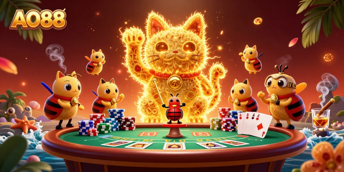 Experience luck with AO88 as golden fireflies form a lucky cat in a vibrant casino setting.