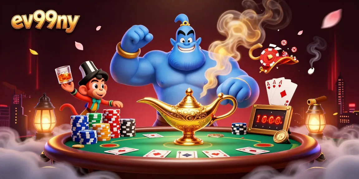 Play exciting games at ev99ny with a vibrant 3D casino themed illustration.