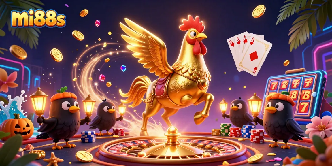 Experience the thrilling night at mi88s casino with a golden rooster and its companions amidst a storm of winnings.