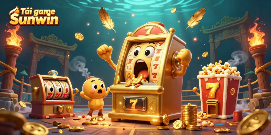 Tải game Sunwin features a dynamic winning scene with a golden slot machine hitting a jackpot amidst cheering companions.
