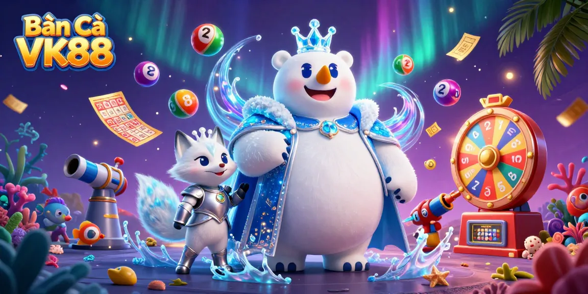 Bắn Cá VK88 fishing game scene with a cartoon polar bear and snow fox amidst energetic elements.