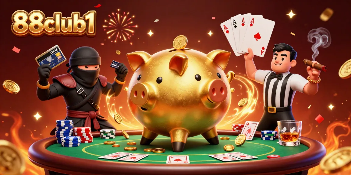Join the action at 88club1 with coins raining and poker excitement in this vibrant casino illustration.