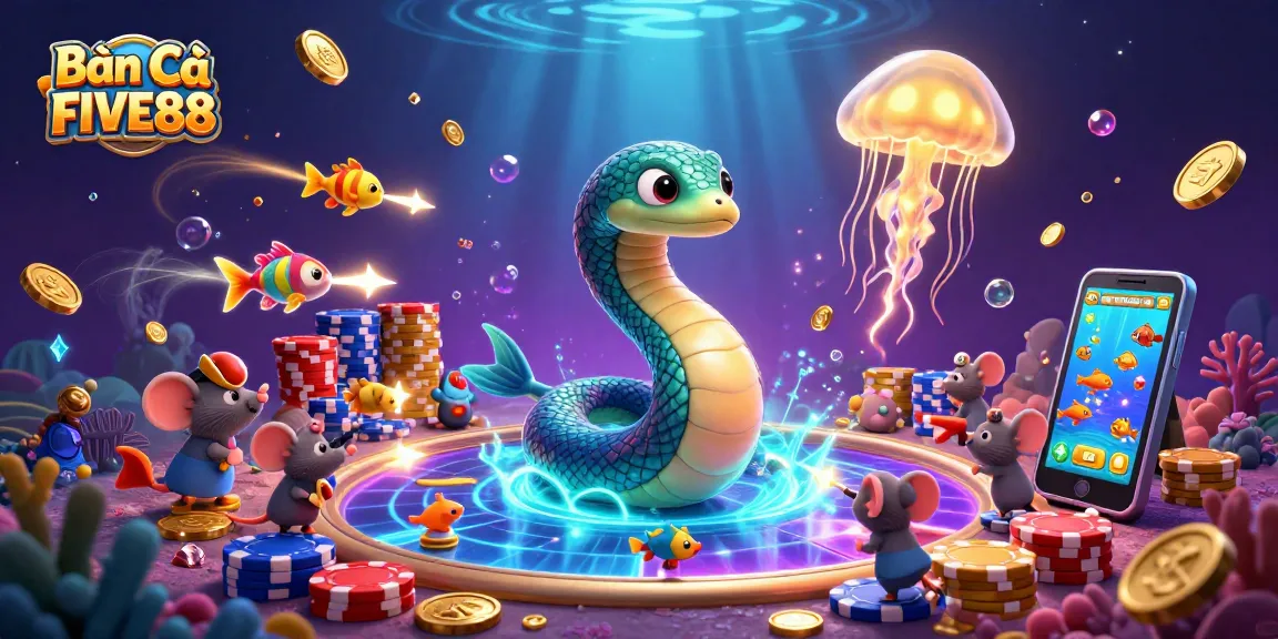 Bắn Cá FIVE88 - Exciting underwater shooting game featuring vibrant sea creatures and colorful coins bursting with action.