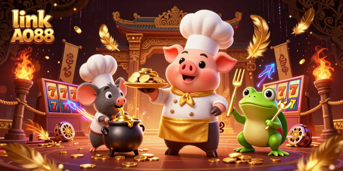 Engage in thrilling gambling with link AO88 as a chef pig serves gold coins in a vibrant casino scene.