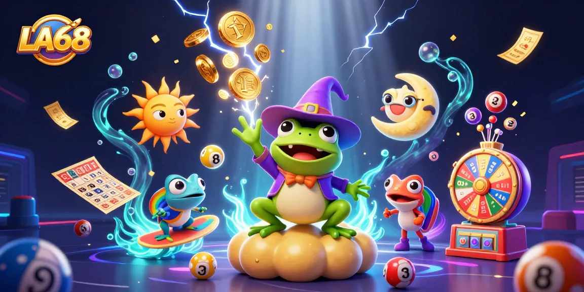 Engage with LA68's vibrant casino storm featuring golden coins, lottery balls, and dynamic characters.
