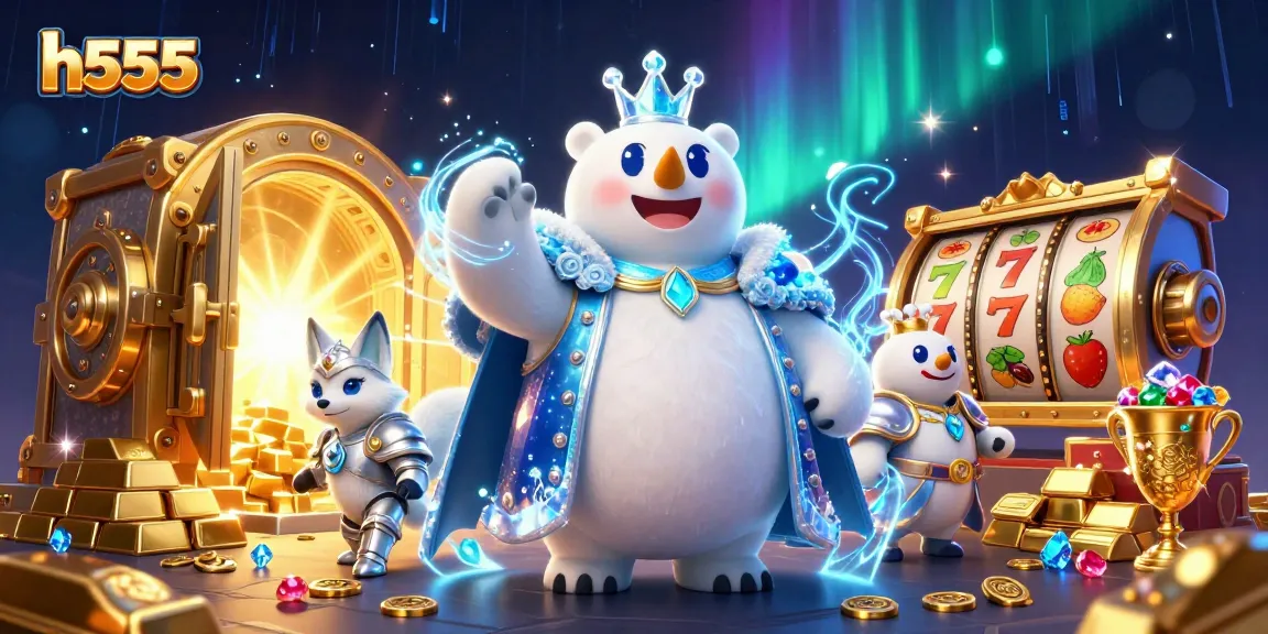 Engage in thrilling gameplay with h555, featuring polar bear king and snow fox, amidst treasure and slot reels.