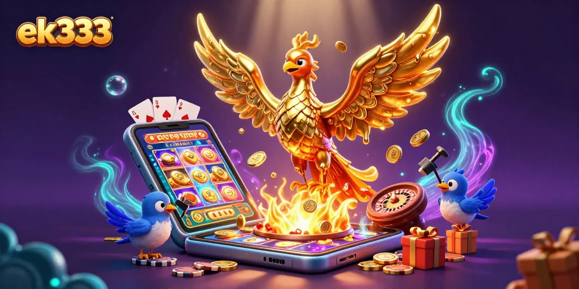 Experience the excitement of ek333's gaming world with a golden phoenix and vibrant casino elements.