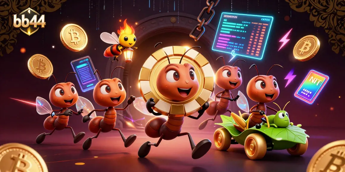bb44 delivers excitement as ants steal a giant poker chip amid vibrant digital lighting and crypto elements.