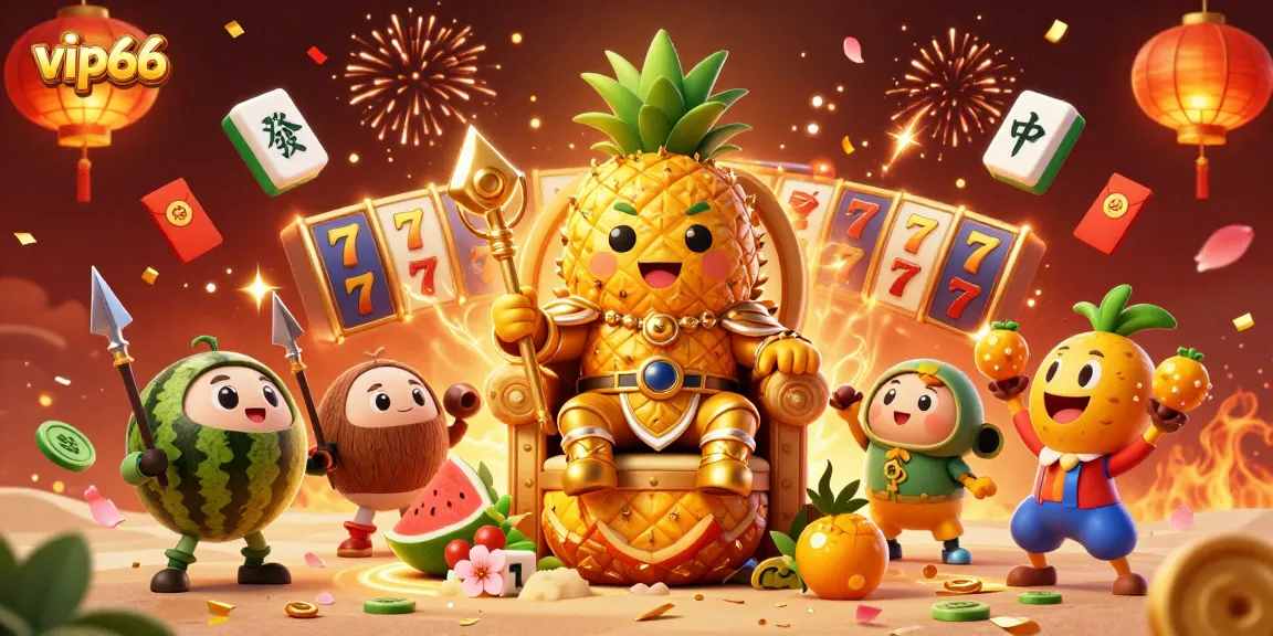 Experience the excitement of winning at vip66, featuring a festive beach casino with a golden pineapple king and vibrant gaming elements.