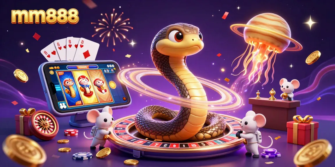 Experience the thrilling atmosphere of mm888 casino with roulette, slots, and cosmic characters!